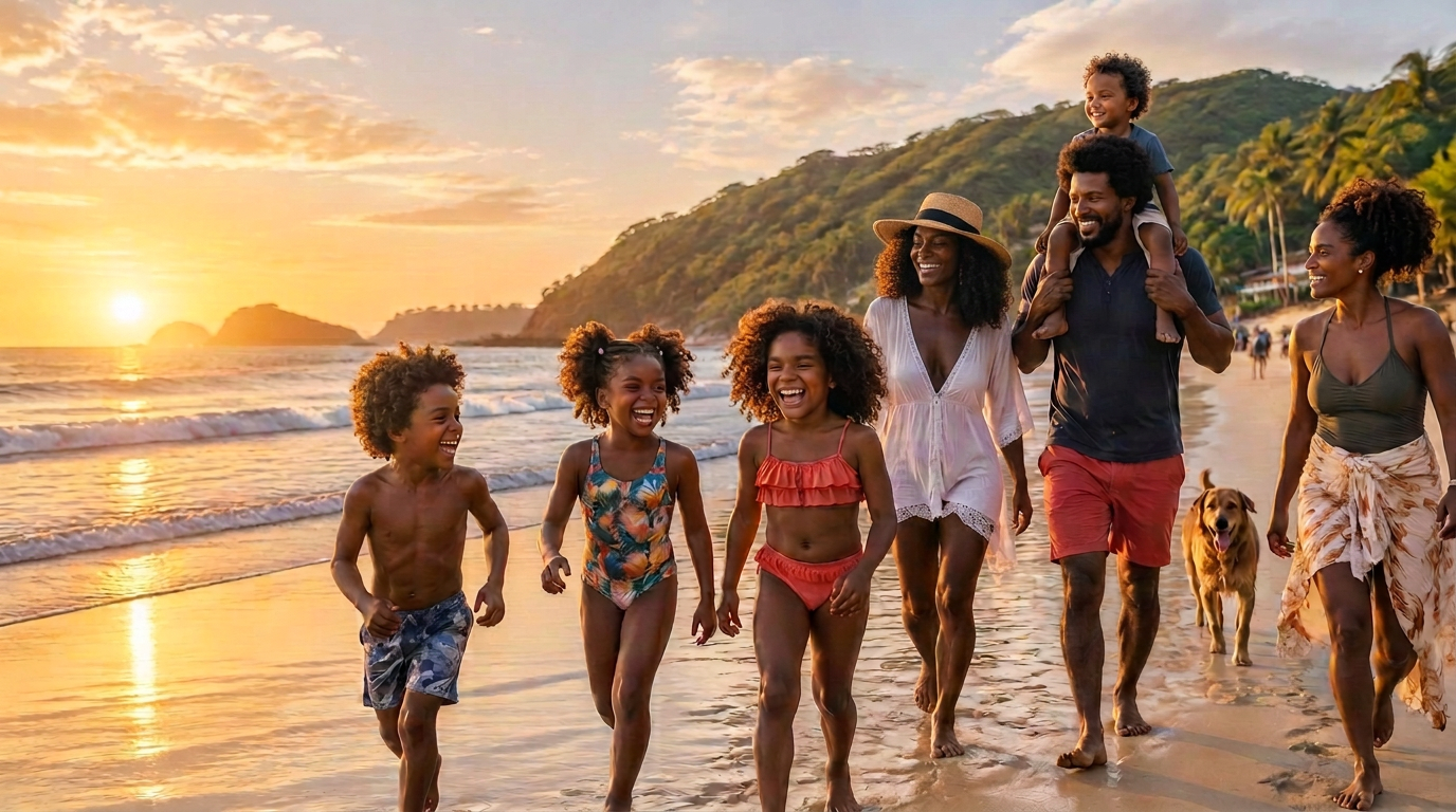 Families walking together on a Tamarindo beach at sunset